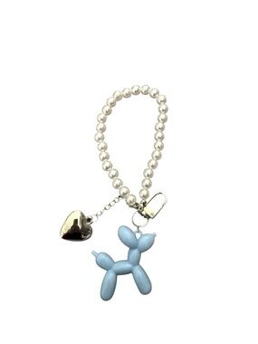 Pearl Loop Keyring with Light Blue Balloon Dog and Silver Heart Charm